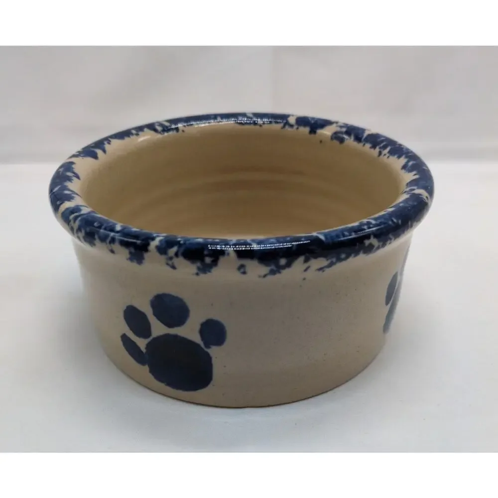 Yesteryears Hand Turned Stoneware Dog Bowl Signed Blue Pawprints USA Vintage